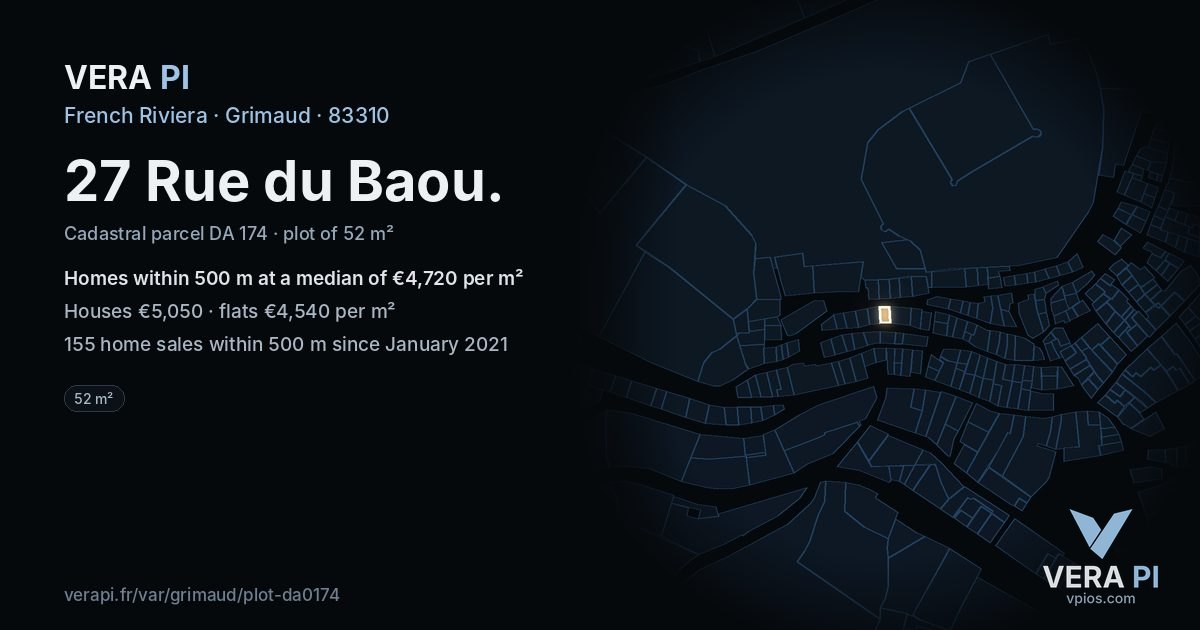 27 Rue du Baou, Grimaud at night – the plot lit, the parcels around coloured by the prices near them