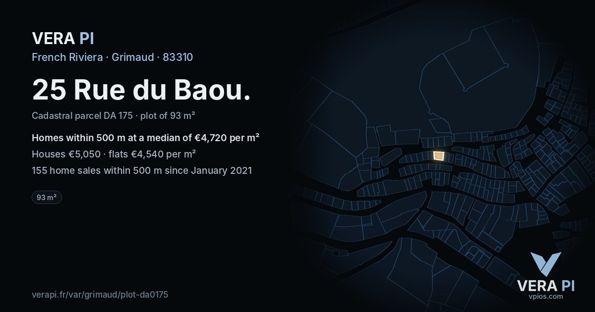 25 Rue du Baou, Grimaud at night – the plot lit, the parcels around coloured by the prices near them