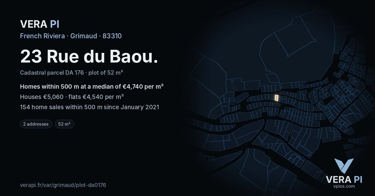 23 Rue du Baou, Grimaud at night – the plot lit, the parcels around coloured by the prices near them