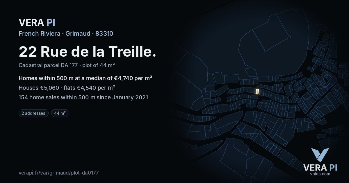 22 Rue de la Treille, Grimaud at night – the plot lit, the parcels around coloured by the prices near them