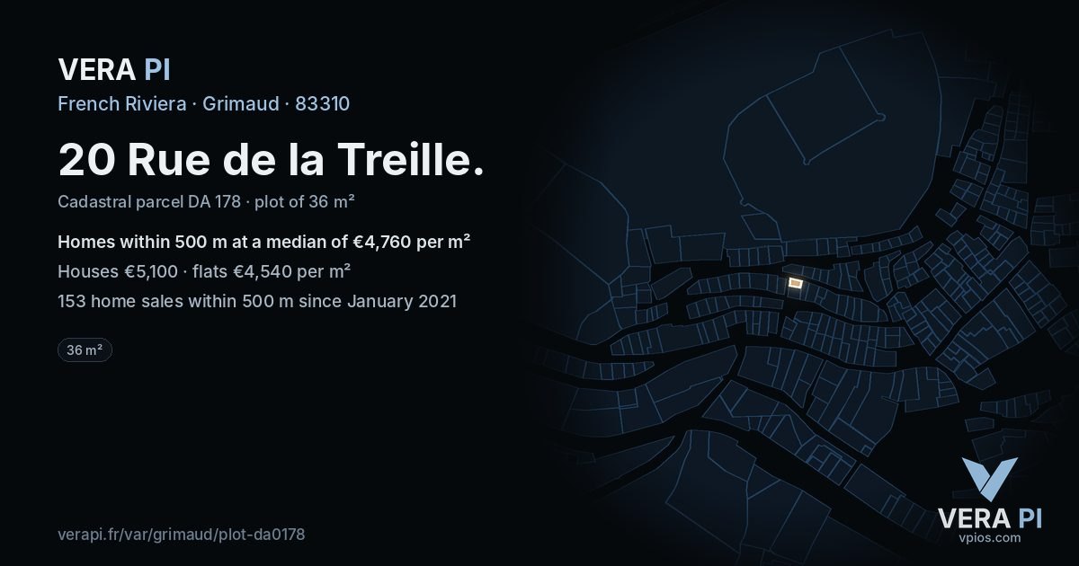 20 Rue de la Treille, Grimaud at night – the plot lit, the parcels around coloured by the prices near them