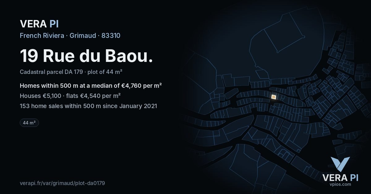 19 Rue du Baou, Grimaud at night – the plot lit, the parcels around coloured by the prices near them