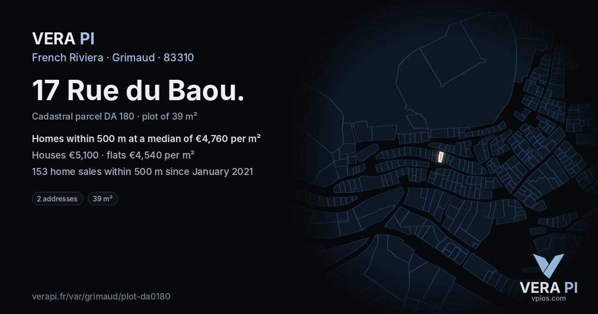 17 Rue du Baou, Grimaud at night – the plot lit, the parcels around coloured by the prices near them