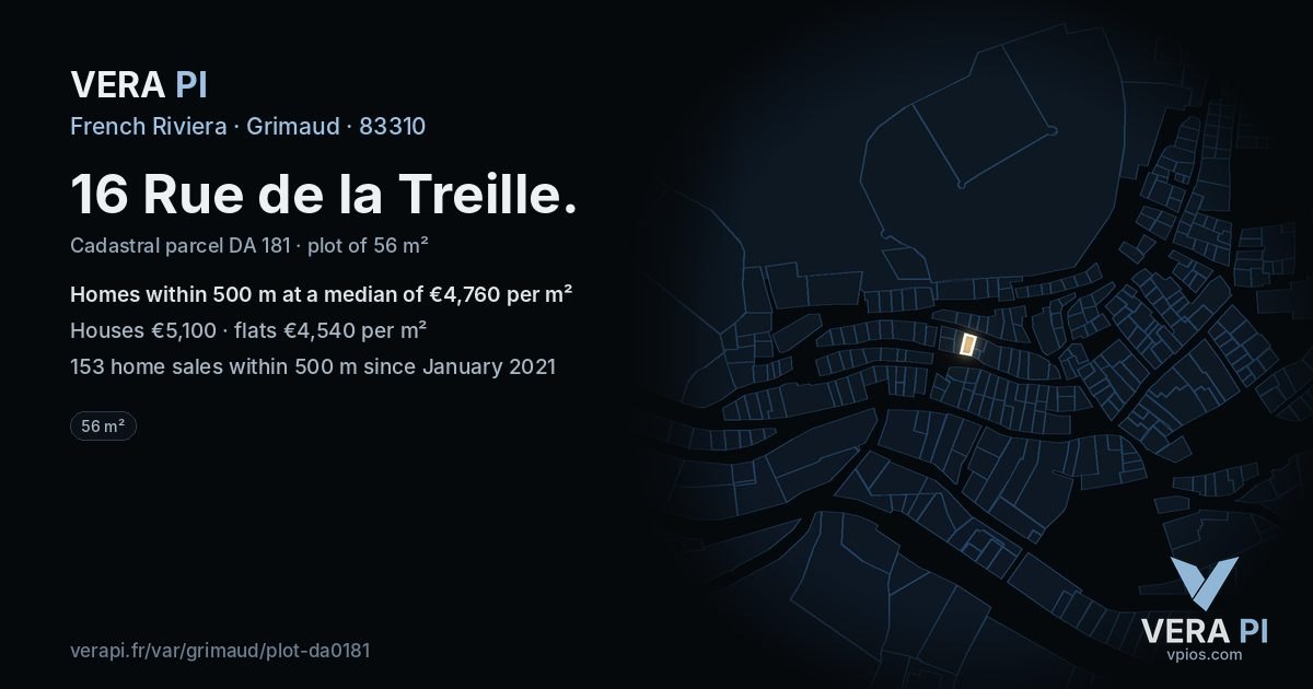 16 Rue de la Treille, Grimaud at night – the plot lit, the parcels around coloured by the prices near them