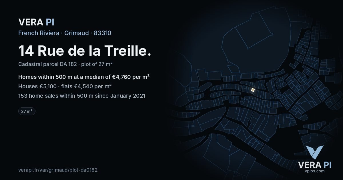 14 Rue de la Treille, Grimaud at night – the plot lit, the parcels around coloured by the prices near them