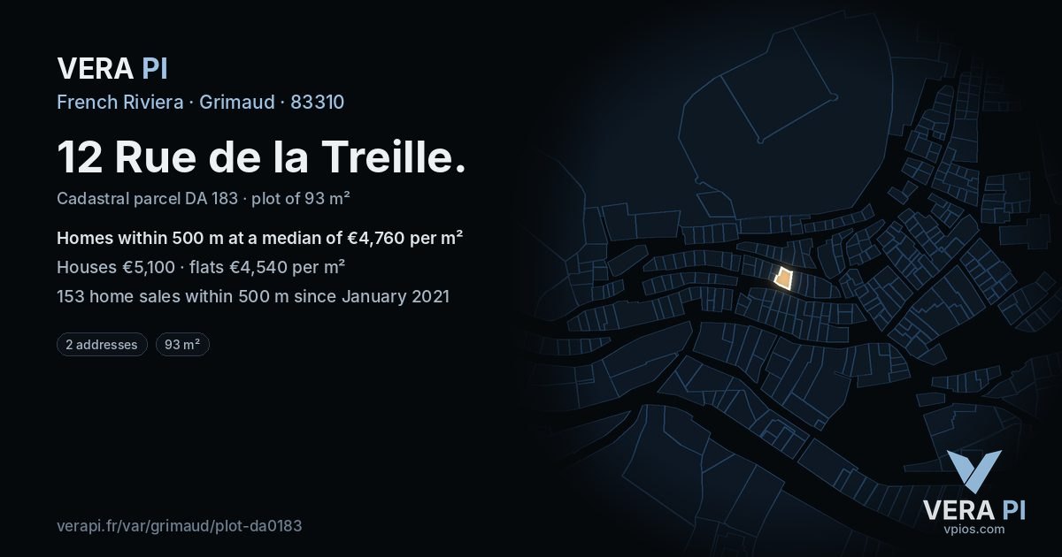 12 Rue de la Treille, Grimaud at night – the plot lit, the parcels around coloured by the prices near them
