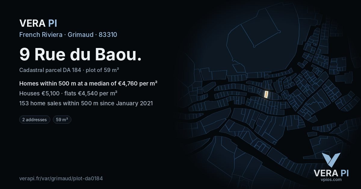 9 Rue du Baou, Grimaud at night – the plot lit, the parcels around coloured by the prices near them