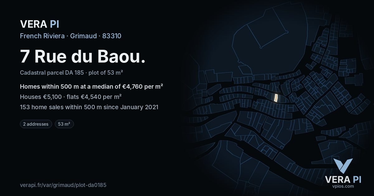 7 Rue du Baou, Grimaud at night – the plot lit, the parcels around coloured by the prices near them