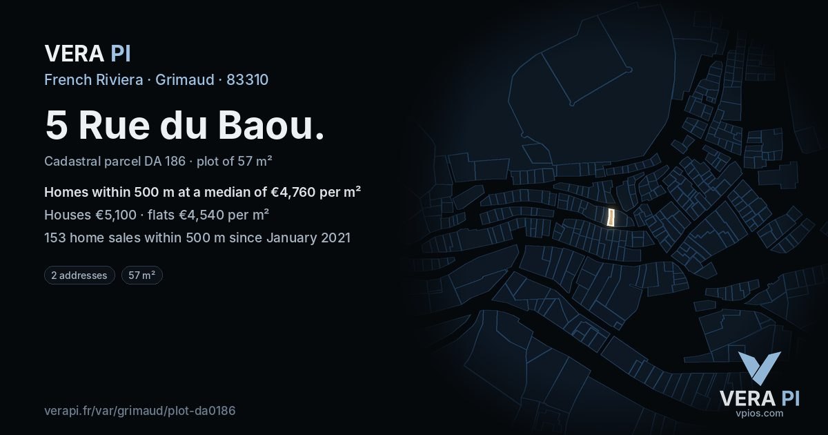 5 Rue du Baou, Grimaud at night – the plot lit, the parcels around coloured by the prices near them