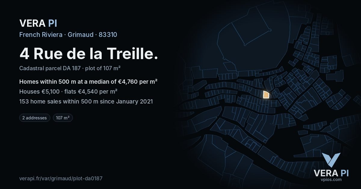 4 Rue de la Treille, Grimaud at night – the plot lit, the parcels around coloured by the prices near them