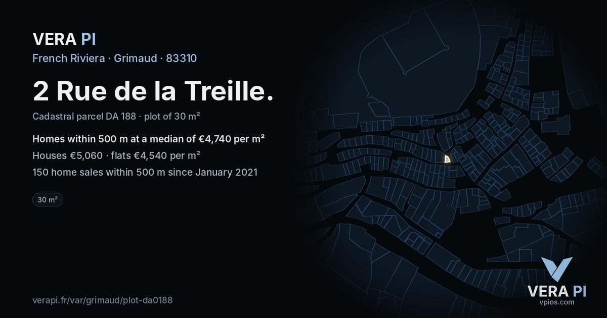 2 Rue de la Treille, Grimaud at night – the plot lit, the parcels around coloured by the prices near them