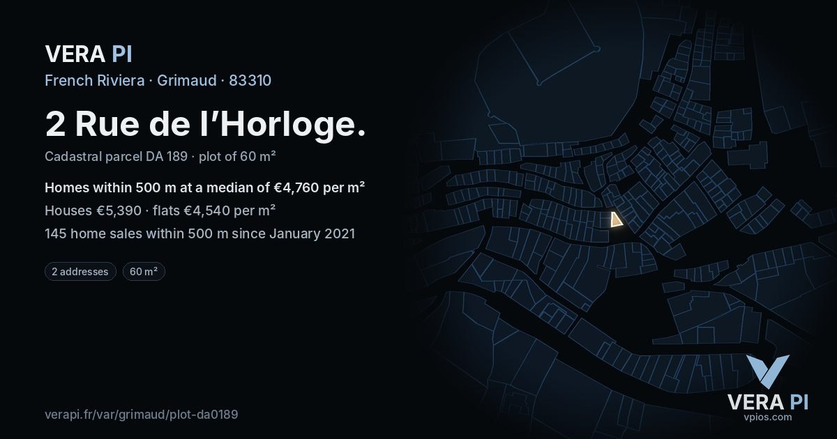 2 Rue de l’Horloge, Grimaud at night – the plot lit, the parcels around coloured by the prices near them