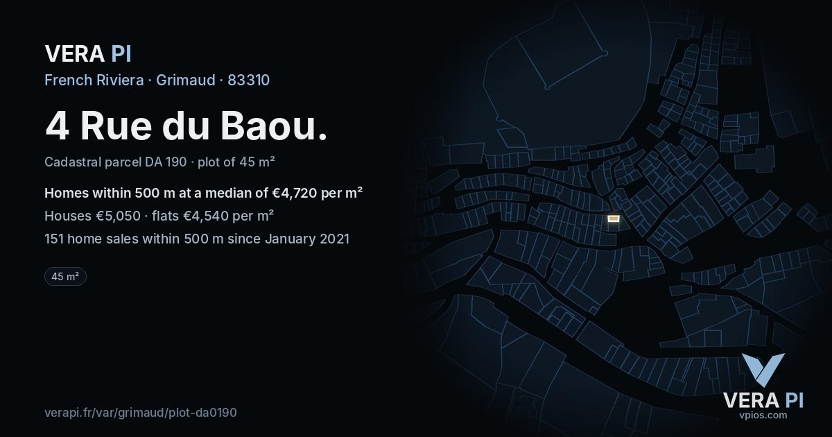 4 Rue du Baou, Grimaud at night – the plot lit, the parcels around coloured by the prices near them