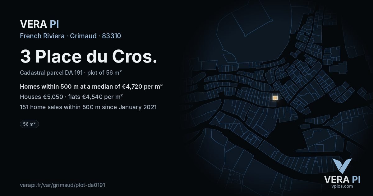 3 Place du Cros, Grimaud at night – the plot lit, the parcels around coloured by the prices near them