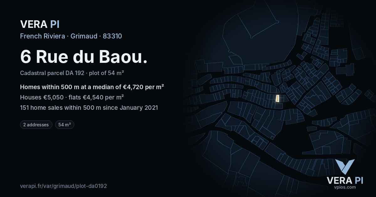 6 Rue du Baou, Grimaud at night – the plot lit, the parcels around coloured by the prices near them