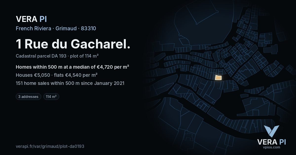 1 Rue du Gacharel, Grimaud at night – the plot lit, the parcels around coloured by the prices near them
