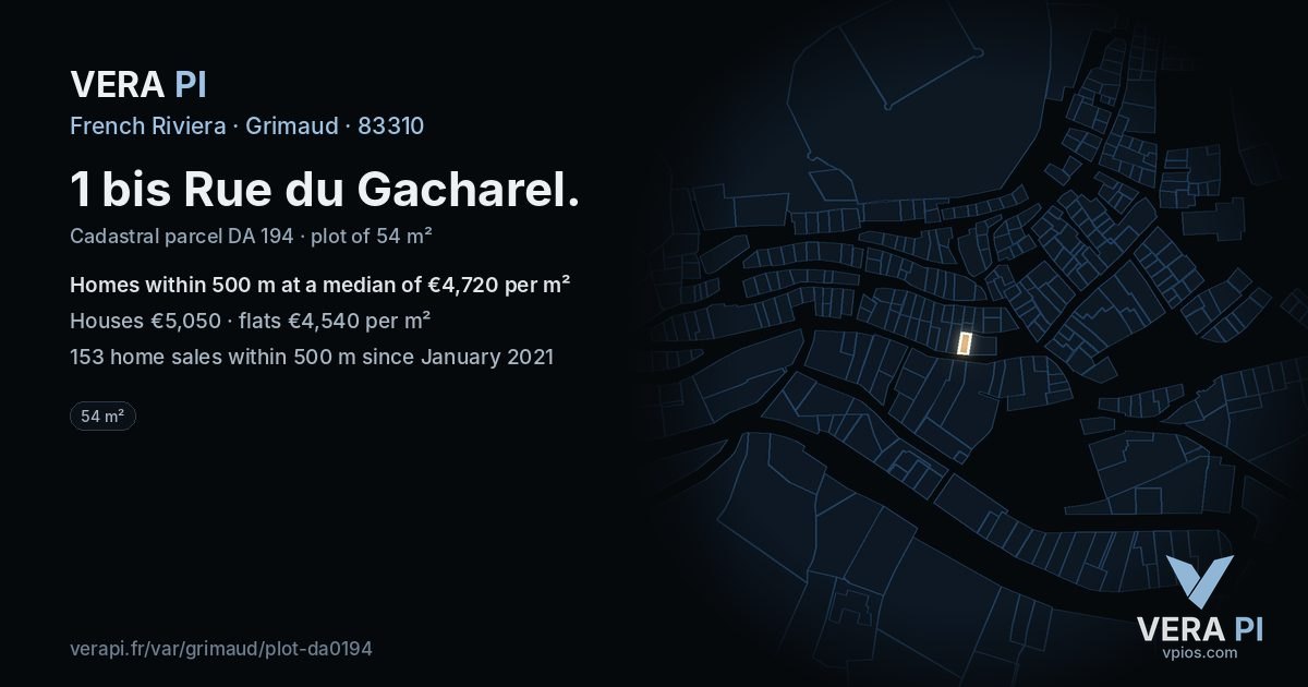 1 bis Rue du Gacharel, Grimaud at night – the plot lit, the parcels around coloured by the prices near them