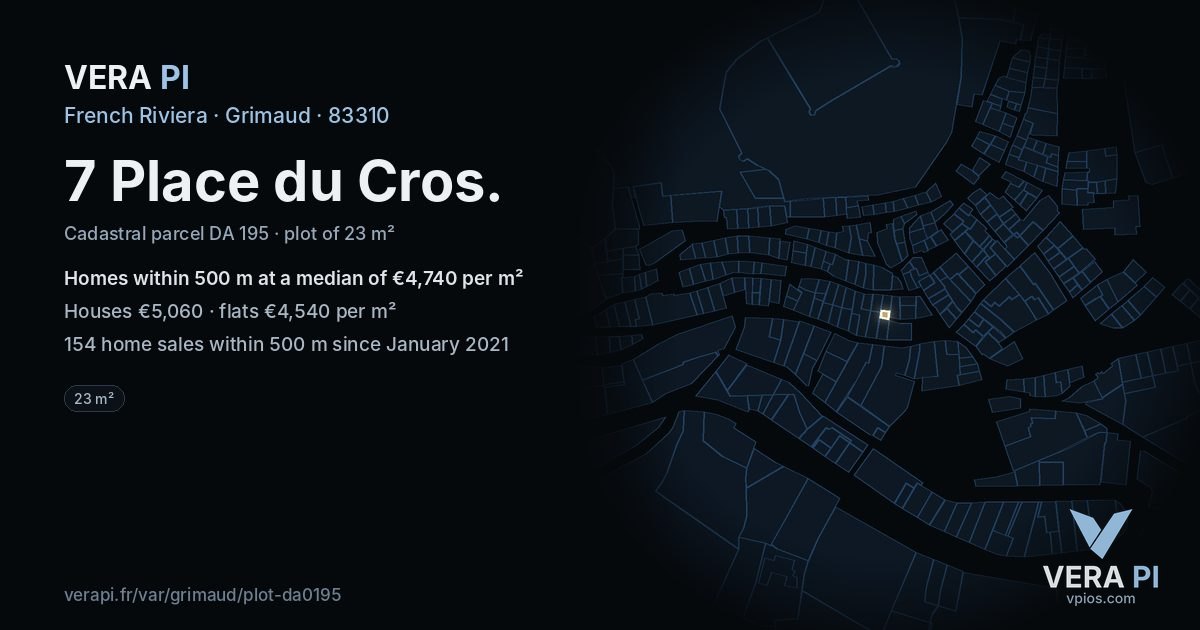 7 Place du Cros, Grimaud at night – the plot lit, the parcels around coloured by the prices near them