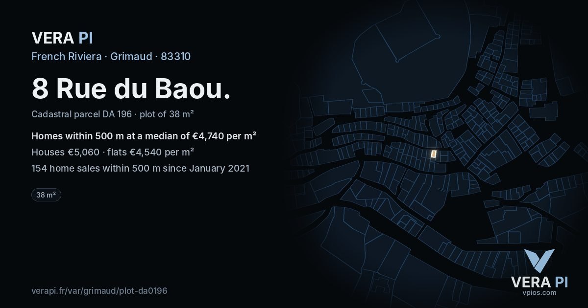 8 Rue du Baou, Grimaud at night – the plot lit, the parcels around coloured by the prices near them