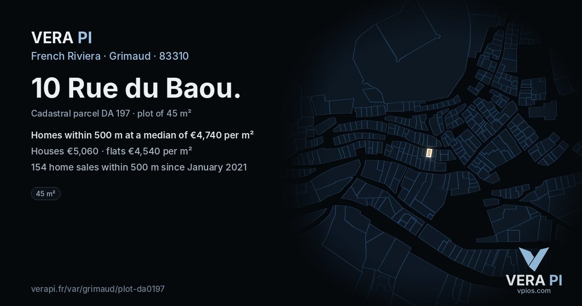 10 Rue du Baou, Grimaud at night – the plot lit, the parcels around coloured by the prices near them