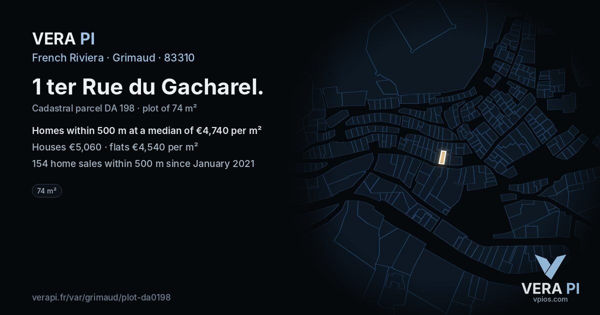 1 ter Rue du Gacharel, Grimaud at night – the plot lit, the parcels around coloured by the prices near them