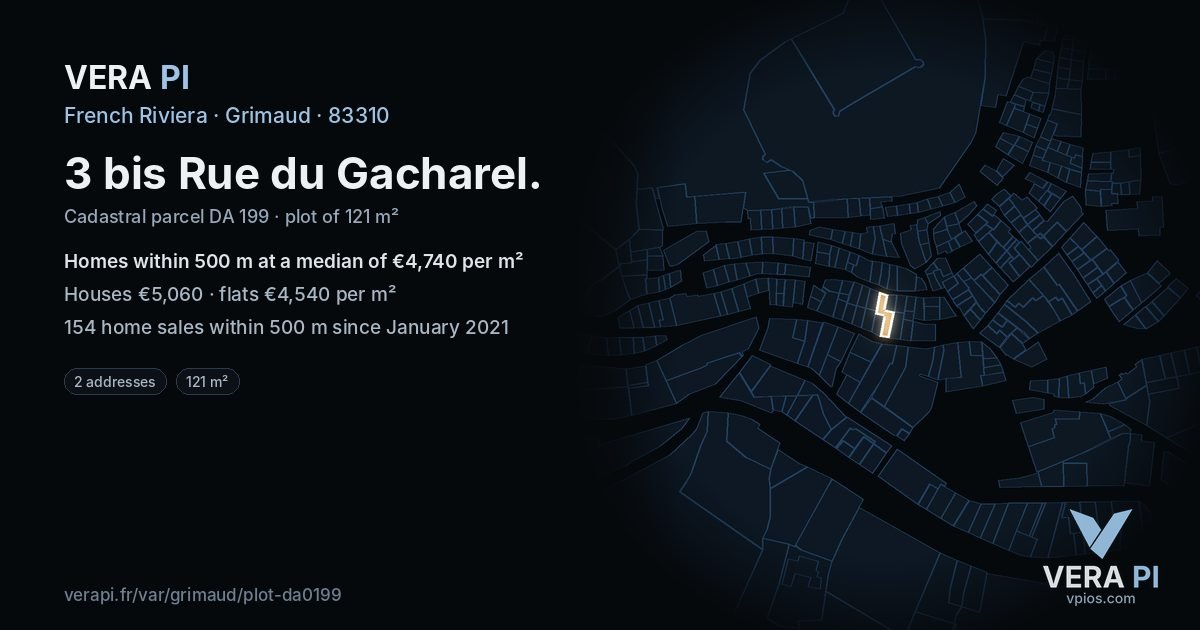 3 bis Rue du Gacharel, Grimaud at night – the plot lit, the parcels around coloured by the prices near them