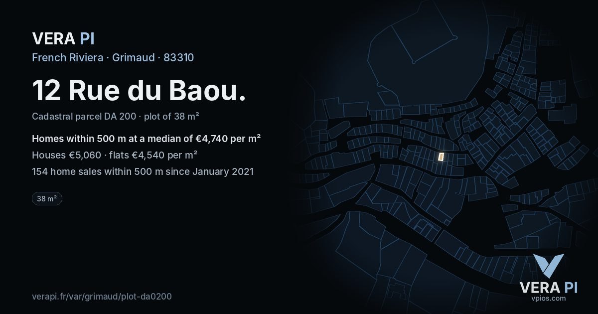 12 Rue du Baou, Grimaud at night – the plot lit, the parcels around coloured by the prices near them