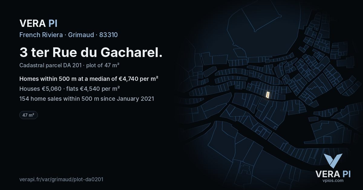 3 ter Rue du Gacharel, Grimaud at night – the plot lit, the parcels around coloured by the prices near them