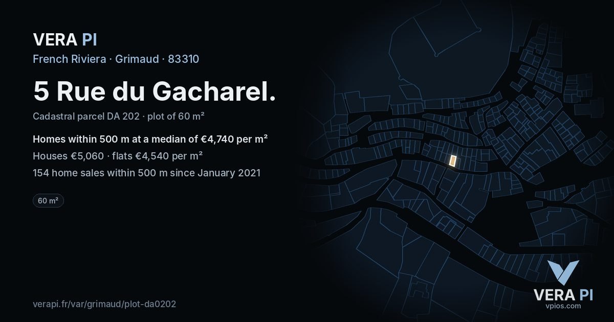 5 Rue du Gacharel, Grimaud at night – the plot lit, the parcels around coloured by the prices near them