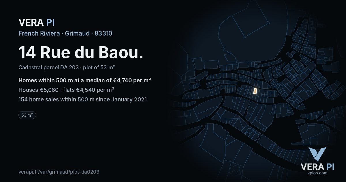 14 Rue du Baou, Grimaud at night – the plot lit, the parcels around coloured by the prices near them