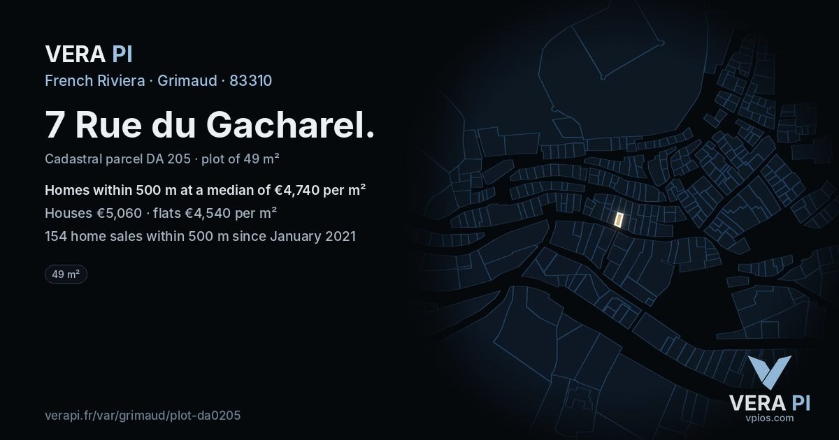 7 Rue du Gacharel, Grimaud at night – the plot lit, the parcels around coloured by the prices near them