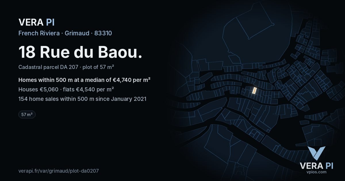 18 Rue du Baou, Grimaud at night – the plot lit, the parcels around coloured by the prices near them