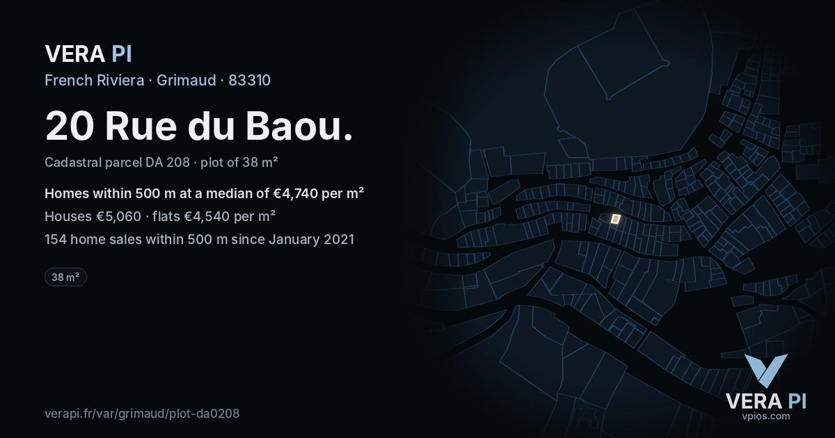 20 Rue du Baou, Grimaud at night – the plot lit, the parcels around coloured by the prices near them