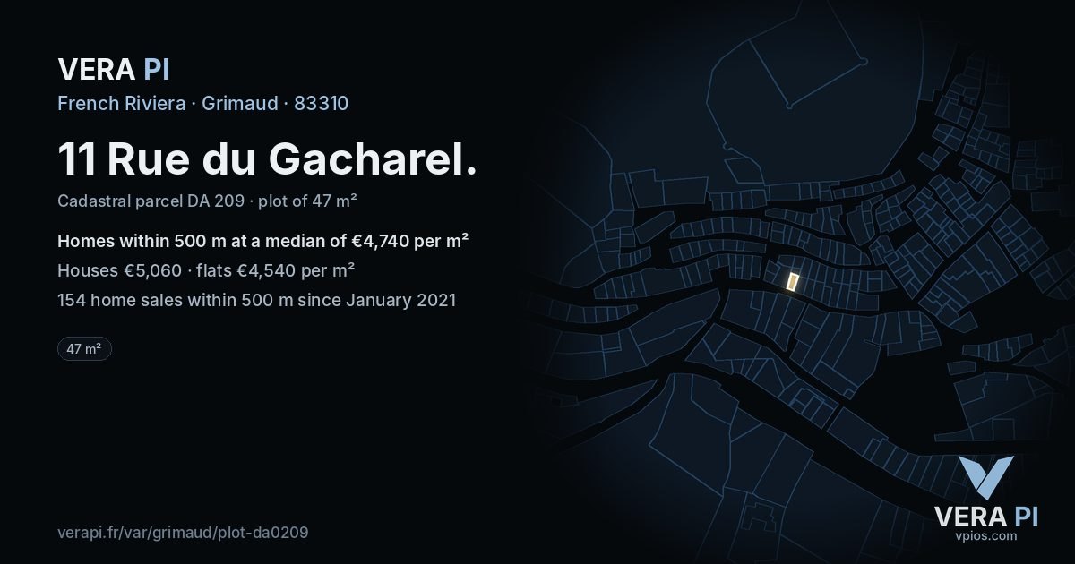 11 Rue du Gacharel, Grimaud at night – the plot lit, the parcels around coloured by the prices near them