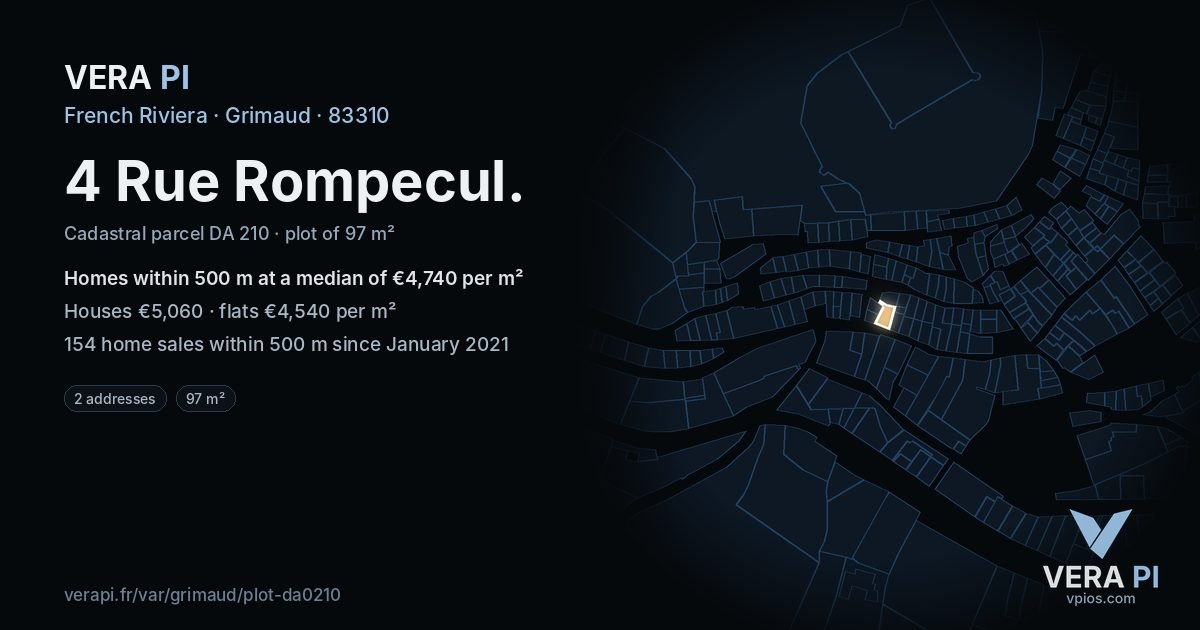 4 Rue Rompecul, Grimaud at night – the plot lit, the parcels around coloured by the prices near them