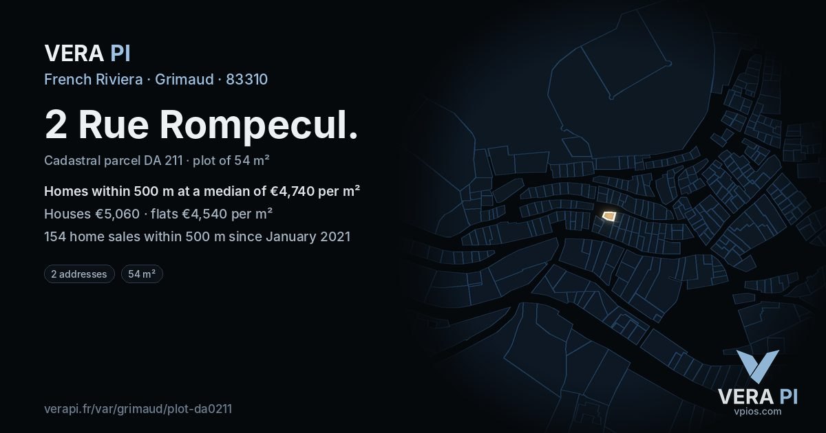 2 Rue Rompecul, Grimaud at night – the plot lit, the parcels around coloured by the prices near them