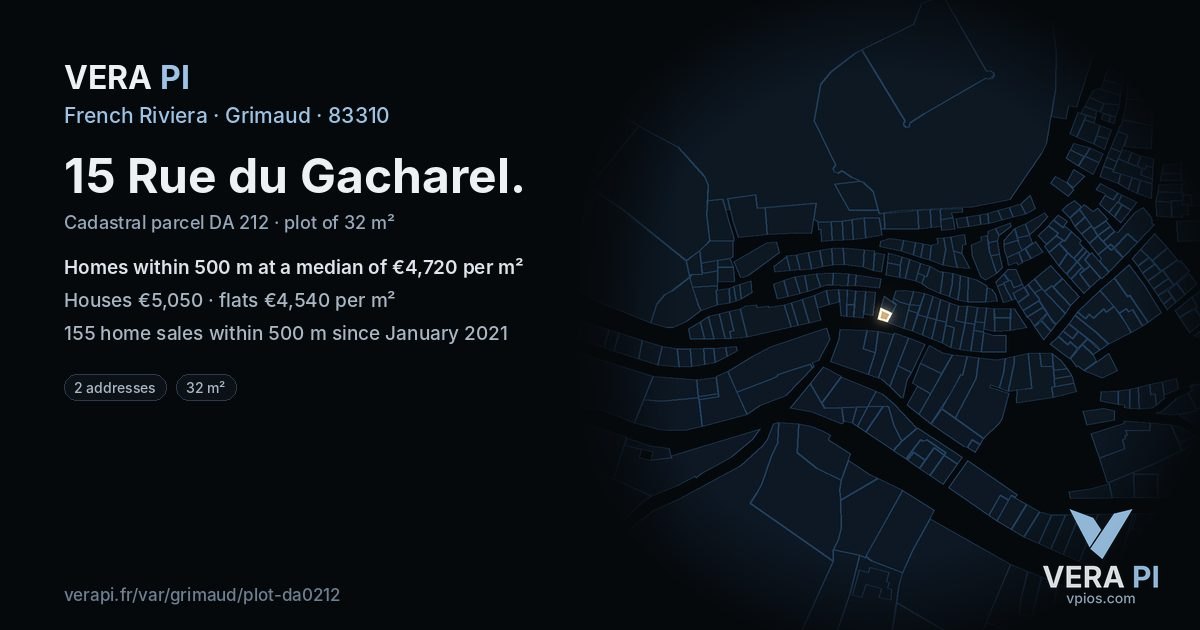 15 Rue du Gacharel, Grimaud at night – the plot lit, the parcels around coloured by the prices near them