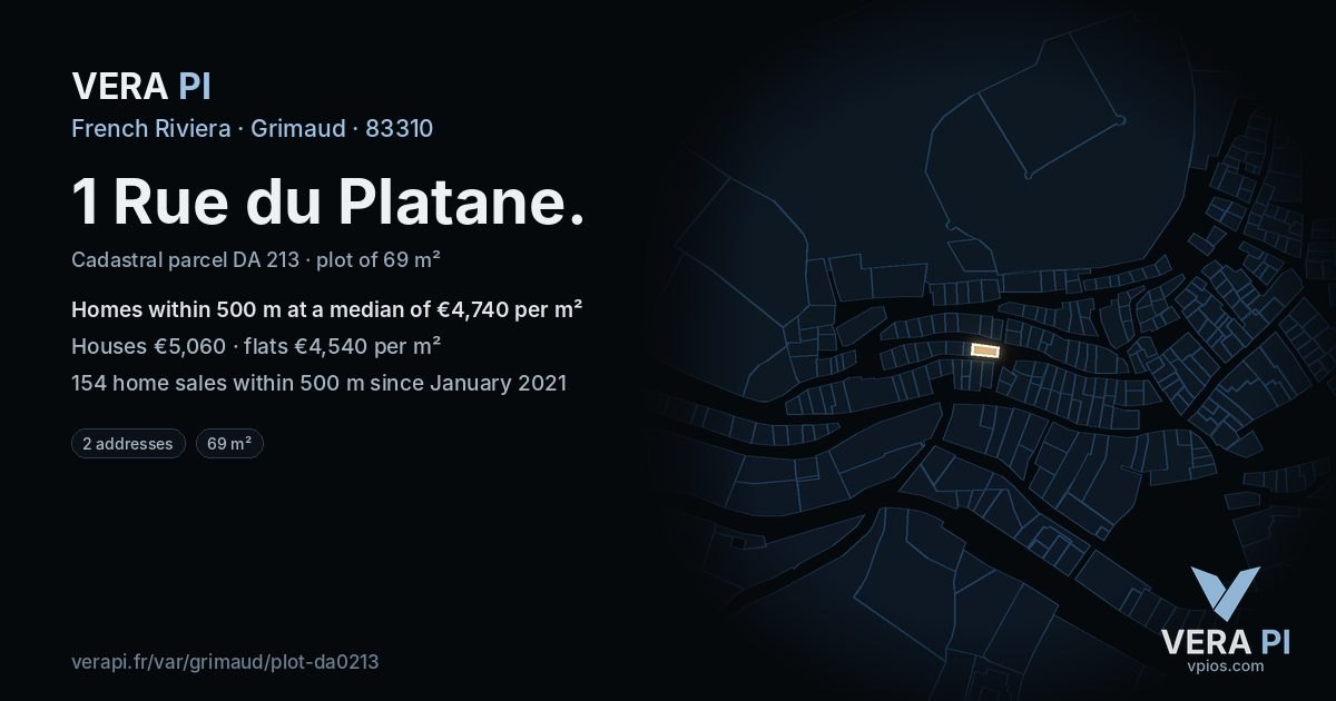 1 Rue du Platane, Grimaud at night – the plot lit, the parcels around coloured by the prices near them