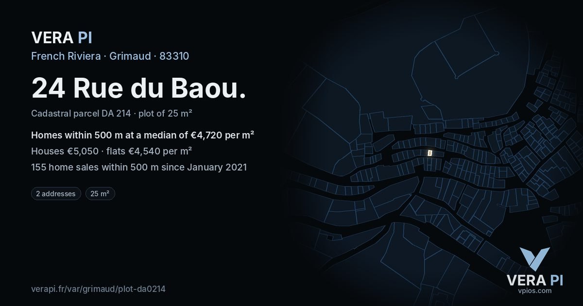 24 Rue du Baou, Grimaud at night – the plot lit, the parcels around coloured by the prices near them