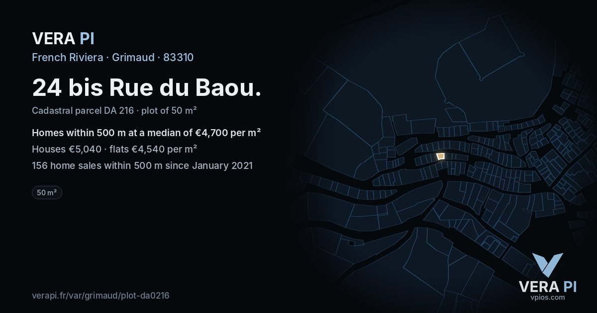 24 bis Rue du Baou, Grimaud at night – the plot lit, the parcels around coloured by the prices near them