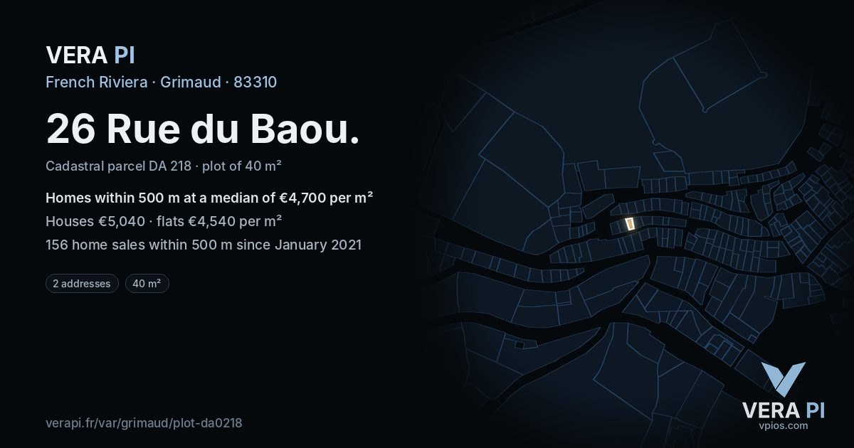 26 Rue du Baou, Grimaud at night – the plot lit, the parcels around coloured by the prices near them