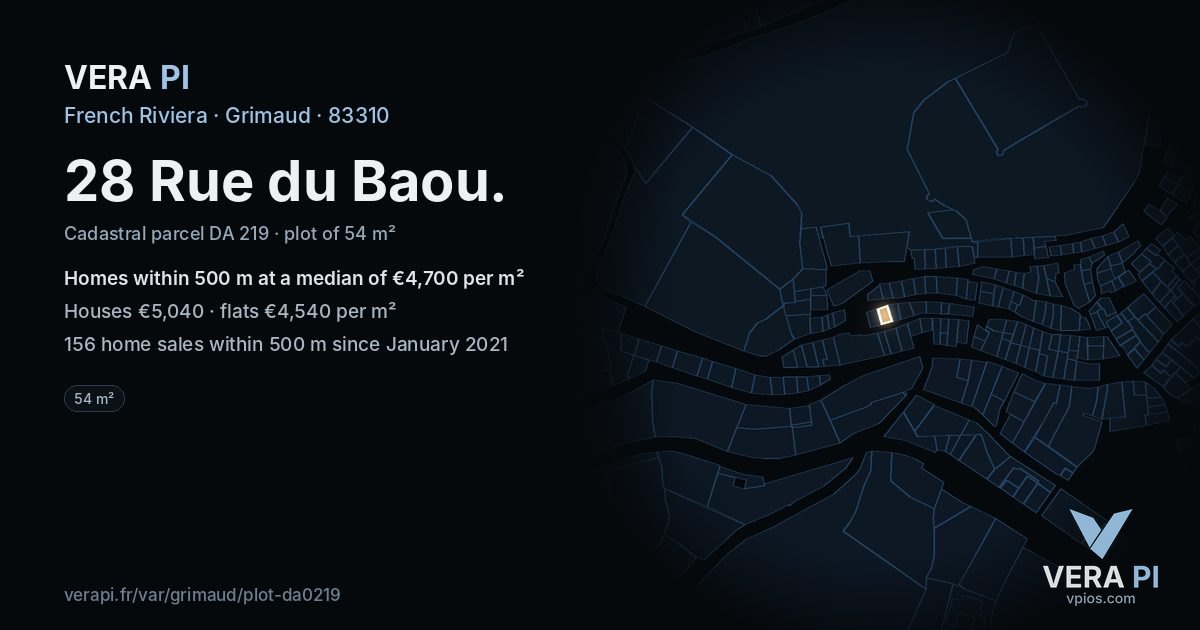 28 Rue du Baou, Grimaud at night – the plot lit, the parcels around coloured by the prices near them