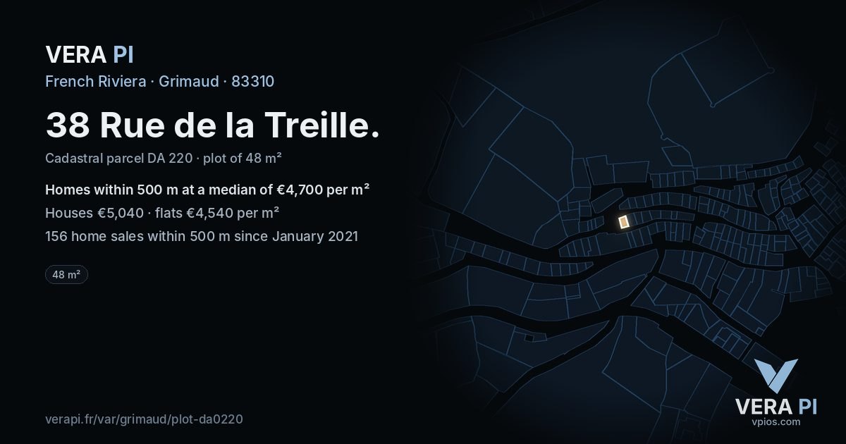 38 Rue de la Treille, Grimaud at night – the plot lit, the parcels around coloured by the prices near them