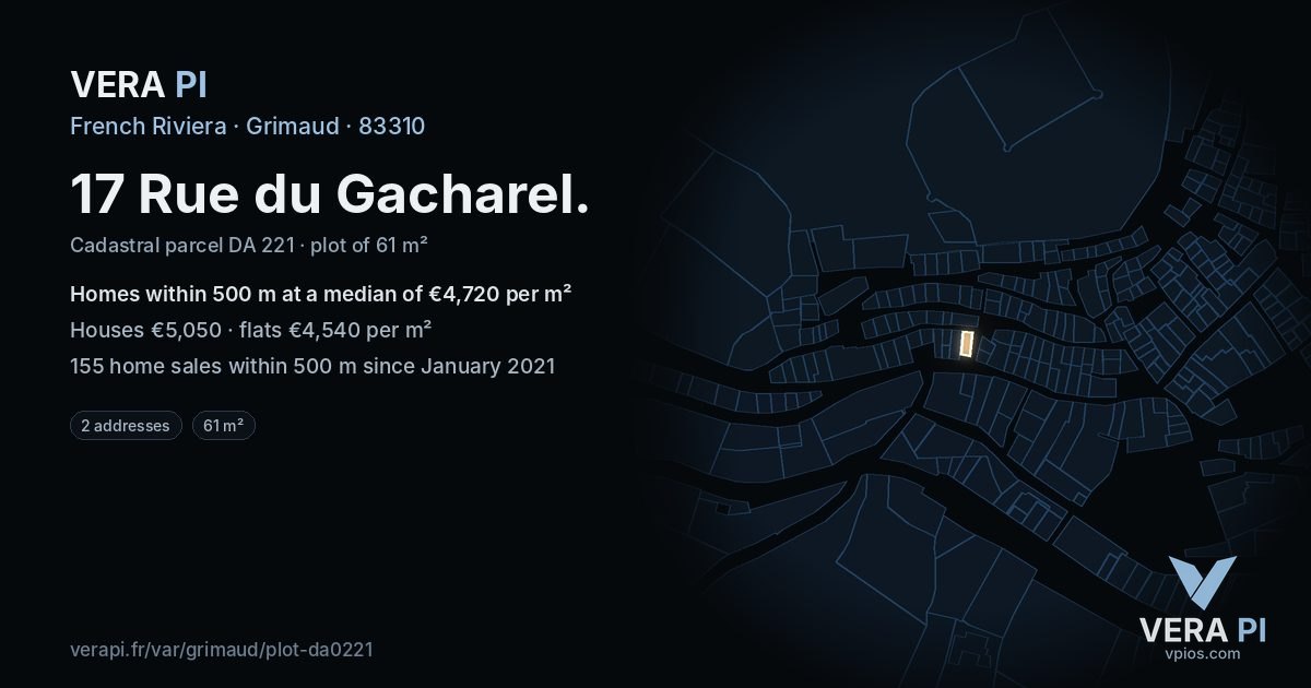 17 Rue du Gacharel, Grimaud at night – the plot lit, the parcels around coloured by the prices near them