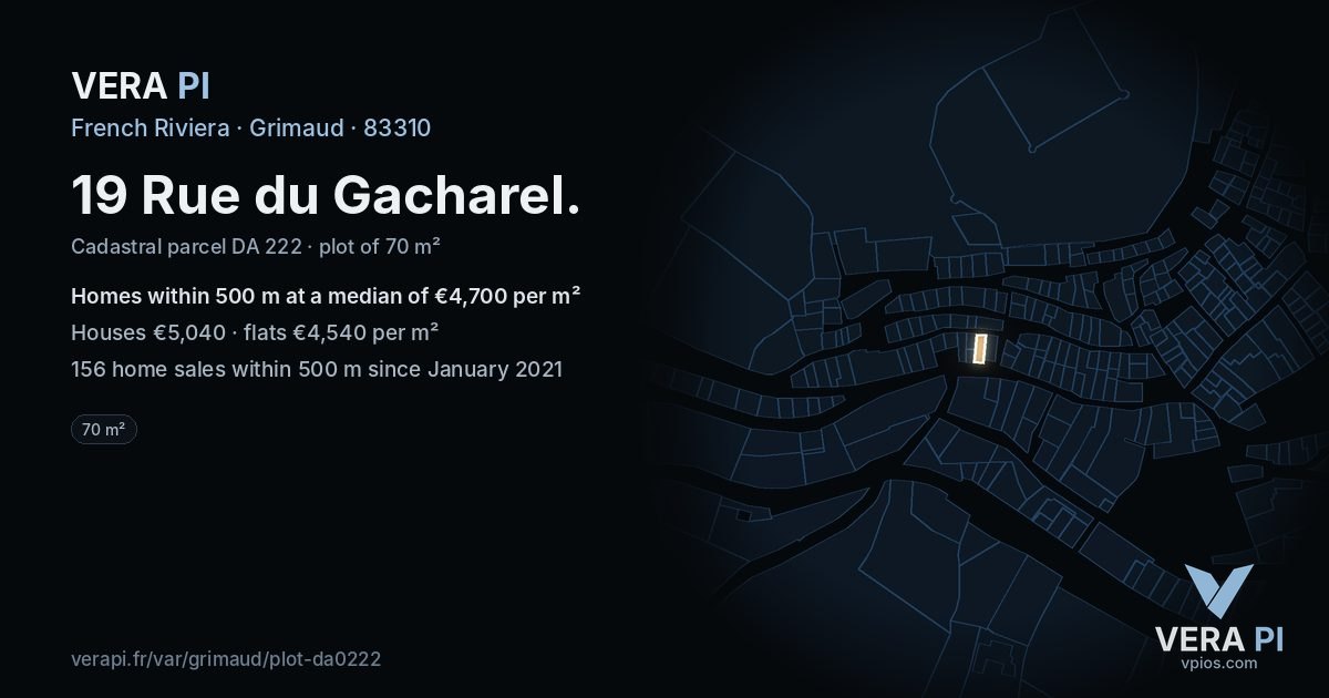 19 Rue du Gacharel, Grimaud at night – the plot lit, the parcels around coloured by the prices near them