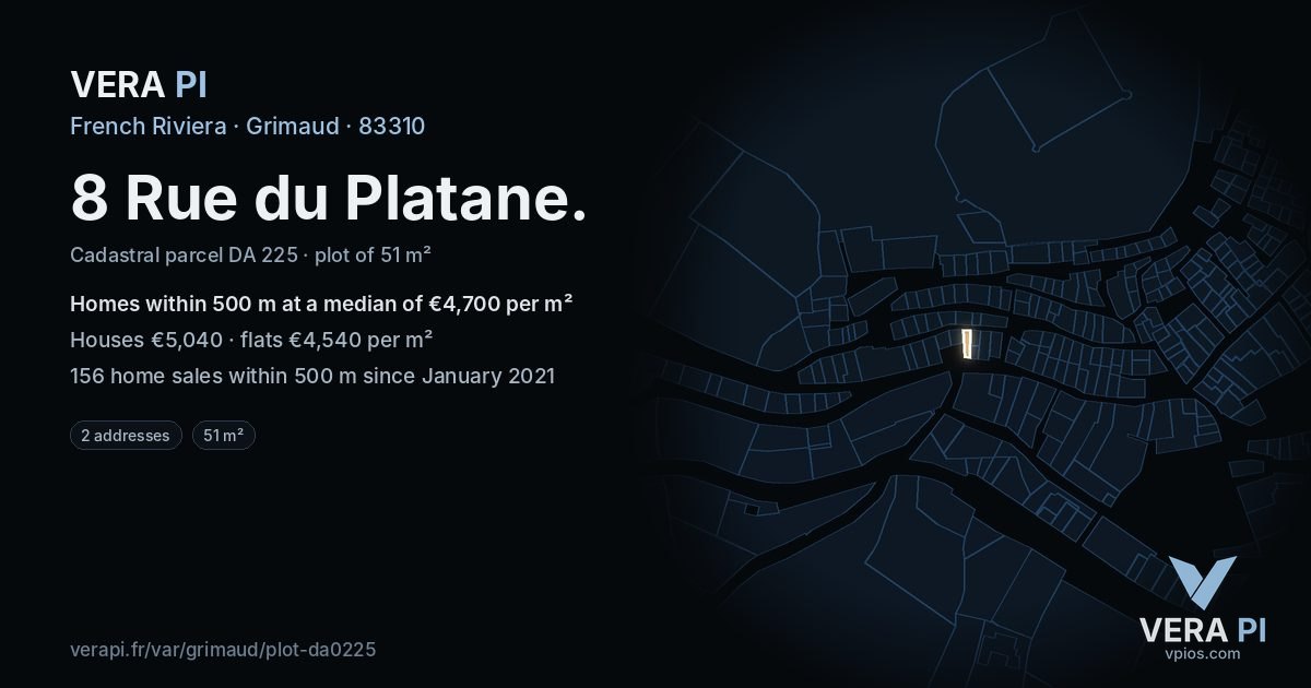 8 Rue du Platane, Grimaud at night – the plot lit, the parcels around coloured by the prices near them