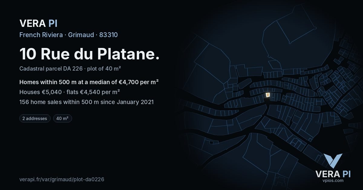 10 Rue du Platane, Grimaud at night – the plot lit, the parcels around coloured by the prices near them