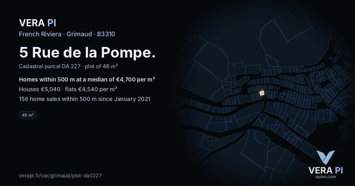 5 Rue de la Pompe, Grimaud at night – the plot lit, the parcels around coloured by the prices near them