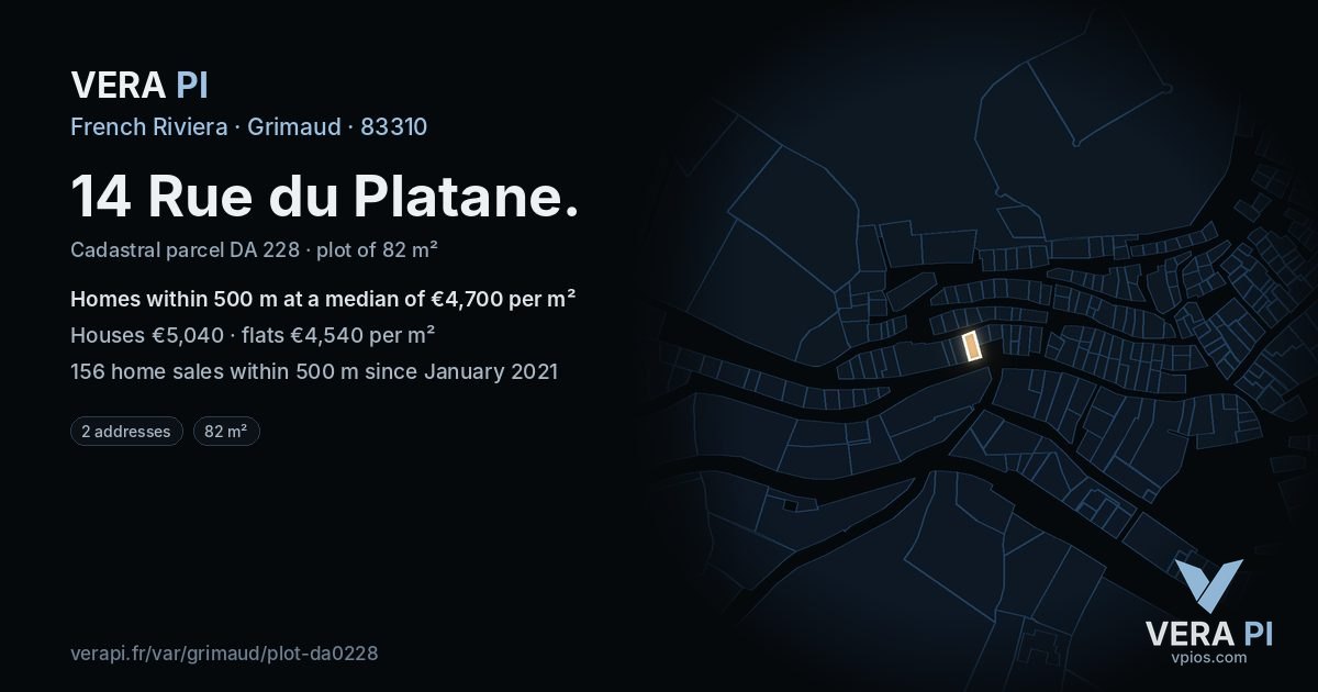 14 Rue du Platane, Grimaud at night – the plot lit, the parcels around coloured by the prices near them