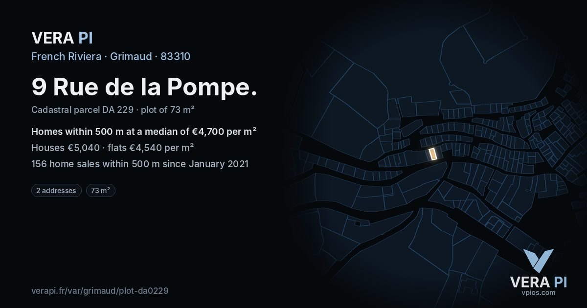 9 Rue de la Pompe, Grimaud at night – the plot lit, the parcels around coloured by the prices near them